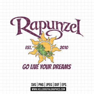 May include: A graphic design featuring the word "Rapunzel" in a stylized, dark purple font. Below, a yellow sun with a green chameleon is centered. The text "EST. 2010" and "GO LIVE YOUR DREAMS" are also included. The bottom includes file type options and a website address.