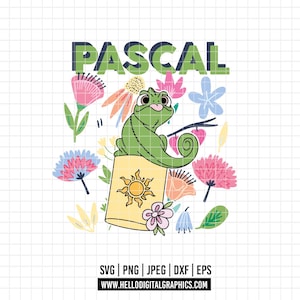 Könnte beinhalten: Ein grünes Chamäleon namens Pascal sitzt auf einer gelben Laterne mit einem Sonnendesign, umgeben von bunten Blumen. Das Wort "PASCAL" steht in Grün und Blau über dem Chamäleon. Das Bild enthält auch Dateitypinformationen und eine Website-Adresse.