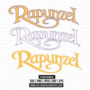 Könnte beinhalten: Drei Variationen des Namens "Rapunzel" in einer dekorativen Schriftart, in Gelb und Lila. Der Text "3 PACK BUNDLE" steht unter dem Namen, zusammen mit Dateitypoptionen: SVG, PNG, JPEG, DXF und EPS. Die Website-Adresse ist ebenfalls enthalten.
