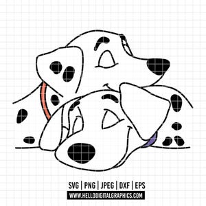 May include: A digital graphic illustration of two white Dalmatian dogs with black spots, resting their heads together. The dogs have closed eyes and are outlined in black. The text SVG | PNG | JPEG | DXF | EPS and HELLODIGITALGRAPHICS.COM appears below.