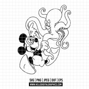 5358 - Musse dansar med en bläckfisk linjeteckningar Svg, Eps, Png, Dxf, Jpeg. Disney sommar, Musse dtf