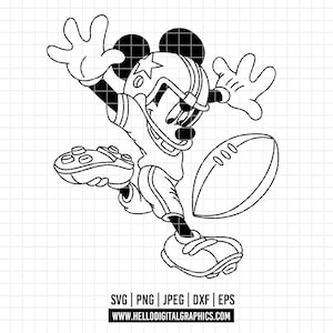 May include: Black and white illustration of a cartoon character in a football uniform, helmet with a star, and holding a football. The character is in a dynamic pose, with arms outstretched. The image includes file type information and a website address.