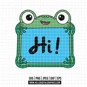 May include: A green frog-shaped sign with a blue centre displaying the word "Hi!" in black. The frog has large white eyes and a smiling mouth. The sign has a grid pattern background.