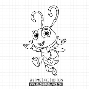 May include: A black and white line art illustration of a cartoon ant with large eyes, long antennae, and a smiling expression. The ant is depicted in a dynamic pose with arms raised. Below the character, the text reads SVG | PNG | JPEG | DXF | EPS WWW.HELLODIGITALGRAPHICS.COM.