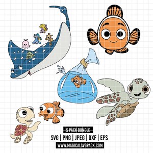 May include: A collection of cartoon sea creatures, including a blue stingray, an orange clownfish, and a green sea turtle. The image also features a fish in a plastic bag and other small sea creatures. The text "5 PACK BUNDLE" is included.