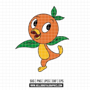 Puede incluir: Ilustración de dibujos animados de un pájaro naranja con ojos grandes, pico amarillo y alas en forma de hojas verdes. El pájaro está en una pose juguetona, con una pata levantada. La imagen incluye información del tipo de archivo y una dirección web en la parte inferior.