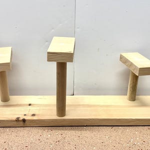 May include: A wooden rat treat stand with four elevated platforms and a bag of "Tuti Fruity Rat Delights." The stand is made of unfinished wood and has a natural colour. The bag has text and a circular design.