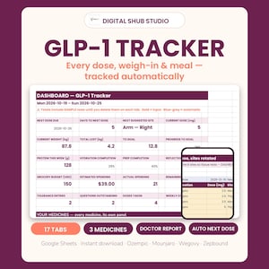 May include: A digital GLP-1 tracker dashboard for Google Sheets with a dark purple background. The interface displays columns for dose, weight, and meal tracking, including text labels like Digital Shub Studio, GLP-1 Tracker, and 17 Tabs.