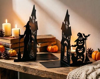 Spooky Witch Silhouette Bookends, Metal Halloween Book Organizers, Haunted House & Pumpkin Stack Shelf Decor, Gothic Gift (1 Set)