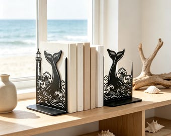 Whale Tail Ocean Wave Bookends, Nautical Lighthouse Matte Metal Book Holders, Nautical Ocean Decor, Gift for Coastal & Beach Lovers (1 Set)