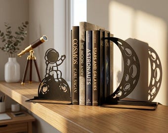 Astronaut Silhouette Bookends, Crater Moon Matte Metal Book Organizers, Outer Space Kids Bedroom Shelf Decor (1 Set)