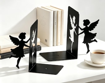 Fairy Angel Cutout Metal Bookends, Book Organizers, Elegant Whimsical Shelf Decor, Gift for Readers & Fantasy Lovers (1 Set)
