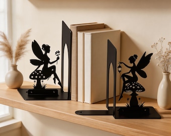 Enchanted Fairy Bookends, Metal Mushroom Silhouette Book Holders, Magical Forest Decor for Shelves, Unique Fantasy Gift for Readers (1 Set)
