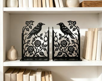 Crow Rose Bookends, Matte Metal Gothic Decor, Dark Academia Book Holders, Mystical Raven & Floral Gift (1 Set)