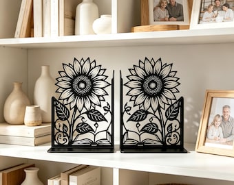 Floral Sunflower Silhouette Bookends, Metal Book Organizers, Whimsical Botanical Shelf Decor, Gift for Readers (1 Set)