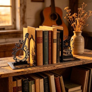 Floral Banjo & Vintage Gramophone Metal Bookends, Folk Music Silhouette Book Holders, Musician Record Collector Shelf Decor Gift (1 Set)