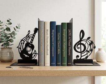 Vintage Guitar & Treble Clef Metal Bookends, Musical Note Book Holders, Musician Gift, Music Room and Sheet Music Shelf Decor (1 Set)