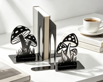 Bokstöd i metall med utskurna svampar, bokhållare i matt metall, minimalistisk naturinspirerad hylldekor, present till läsare och växtälskare (1 set)