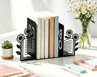 Sunflower Metal Bookends, Floral Book Ends for Shelve, Cottagecore Library and Unique Office Decor, Rustic Farmhouse Book Lover Gift (1 Set)