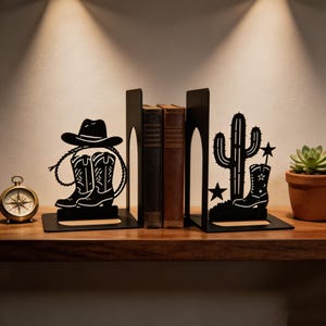 Matte Wild West Bookends, Cowboy Hat Boots Lasso & Cactus Scene Metal Book Organizers, Texas Desert Cowboy Lover Library Desk Decor (1 Set)