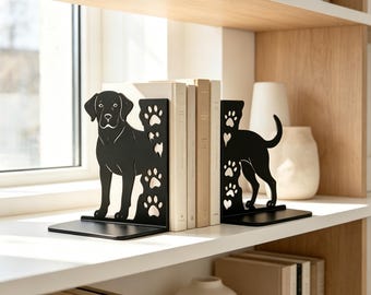 Lab Dog Silhouette Bookends, Paw Heart Metal Book Organizers, Pet-Themed Shelf Decor, Home & Office Library Decor for Pet Parents (1 Set)
