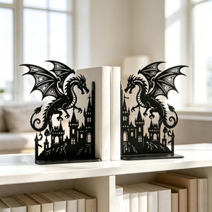 Bokstöd för drake och slott, bokhållare i matt metall med fantasymotiv, dekoration med mörk gotisk akademi, present till bokälskare (1 set)
