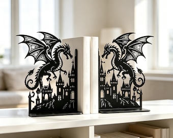 Dragon & Castle Bookends, Matte Metal Fantasy Book Holders, Gothic Dark Academia Decor, Book Lover Gift (1 Set)