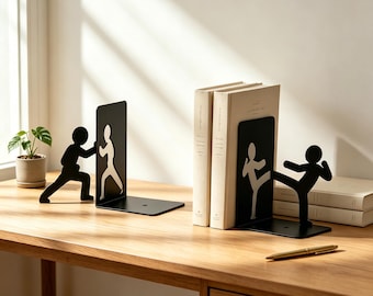 Fighting Karate Bookends, Metal Bookends, Martial Arts Silhouette Book Holder, Minimalist Home & Office Decor, Unique Book Lover Gift(1 Set)