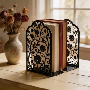 Gothic Rose Vine Metal Bookends, Rose Scroll Floral Silhouette Book Holders, Cottagecore Romantic Library Shelf Decor Gift (1 Set)