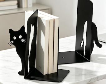 Peeking Cute Cat Bookends, Metal Book Holders, Cat Lover Gift, Minimalist Whimsical Home Decor, Book Nook Accessory (1 Set)