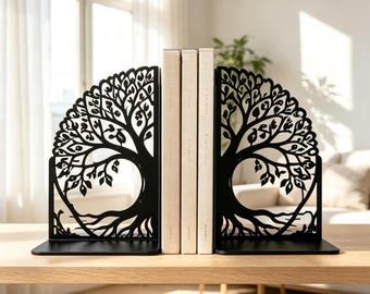 Tree of Life Metal Bookends, Matte Book Holders, Nature Inspired Boho Home Decor, Spiritual & Book Lover Unique Gift (1 Set)