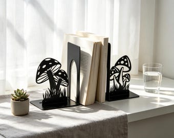 Mushroom Cutout Metal Bookends, Matte Metal Book Holders, Minimalist Nature-Inspired Shelf Decor, Gift for Readers & Plant Lovers (1 Set)