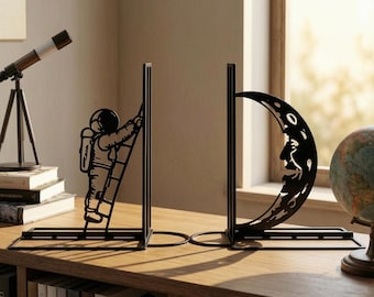 Climbing Astronaut & Crescent Moon Bookends, Matte Metal Book Holders, Space Nursery Decor, Astronomy Sci-Fi Book Lover Gift (1 Set)