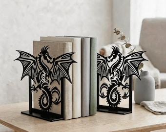 Dragon Metal Bookends, Gothic Fantasy Book Ends for Shelves, Medieval Library Decor, Unique Book Lover Gift, Office Desk Accessories (1 Set)