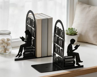 Book Lover Metal Bookends, Couple Reading Silhouette Book Organizers, Minimalist Library Decor, Gift for Readers & Bibliophiles (1 Set)