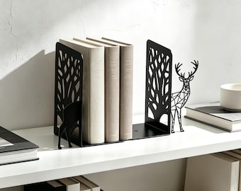 Whimsical Forest Deer Bookends, Matte Black Metal Bookends, Dark Academia & Modern Minimalist Book  Shelf Decor, Reader Gift Idea (1 Set)