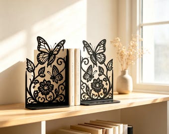 Butterfly Floral Metal Bookends, Matte Metal Book Holders, Boho Botanical Decor, Whimsical Nature & Book Lover Gift (1 Set)