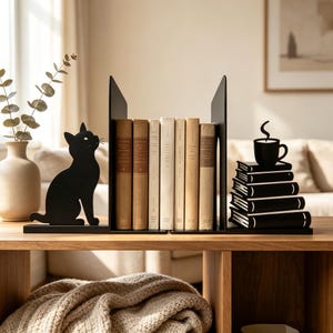 Metalen boekensteunen voor koffiemokken met katten- en boekenstapelmotief, gezellige boekensteunen in de vorm van een leeshoekje, bureaudecoratiecadeau voor boekenliefhebbers en kattenmoeders (1 set)