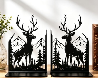 Deer & Forest Bookends, Matte Metal Mountain Nature Book Organizers, Woodland Silhouette Shelf Decor, Nature Lover Gift (1 Set)