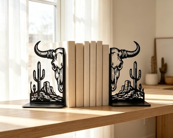 Longhorn Skull & Cactus Bookends, Matte Metal Book Holders, Western Desert Ranch Decor, Southwest Cowboy Book Lover Gift (1 Set)