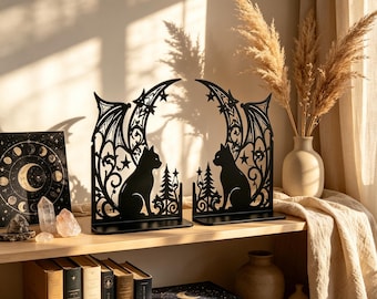 Black Cat & Crescent Moon Bookends, Matte Metal Gothic Decor, Witchy Dark Academia Book Holders, Mystical Cat Lover Gift (1 Set)
