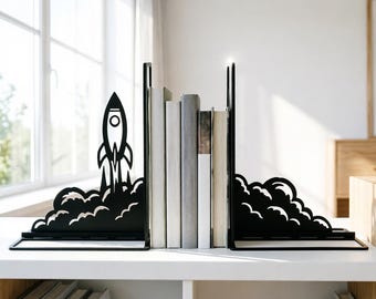 Rocket Cloud Metal Bookends, Matte Book Holders, Space Themed Nursery Decor, Astronomy & Sci-Fi Book Lover Gift (1 Set)