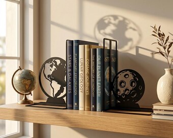 Earth and Moon Metal Bookends, Matte Book Holders, Outer Space Astronomy Decor, Space Lover & Geography Bookworm Gift (1 Set)