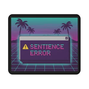 Può includere: Toppa rettangolare con bordo nero. Presenta un design pixel art retrò con palme, una griglia e una finestra di computer che mostra il testo "A SENTIENCE ERROR" in rosa e turchese.