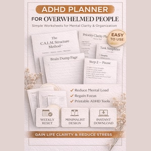 Puede incluir: Planificador TDAH para personas abrumadas. Incluye hojas de trabajo para la claridad mental y la organización. Presenta el método C.A.L.M., Brain Dump Page y Task Simplifier. Incluye reinicio semanal, diseño minimalista y descarga instantánea.