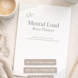 May include: A white printable planner titled "Mental Load Reset Planner" with text that reads "A gentle system for releasing invisible responsibilities and mental overload." Includes A4 and US Letter sizes, PDF print, fillable PDF, and instant download options.
