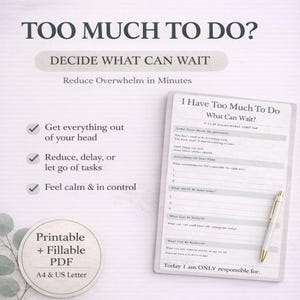 ¿Demasiadas cosas que hacer? Hoja de trabajo "¿Qué puede esperar?" / PDF imprimible sobre el agobio en el TDAH / Herramienta para restablecer la carga mental (rellenable)
