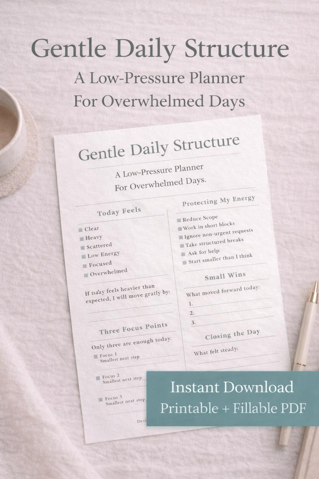 Gentle Daily Structure Printable | Low Pressure Planner for Overwhelm ...