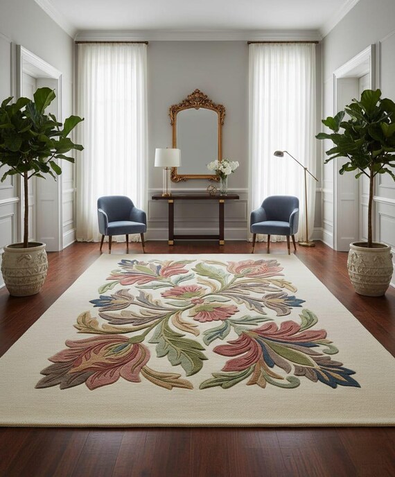 Hand Tufted Floral Area Rug Wool Traditional Botanical Design
