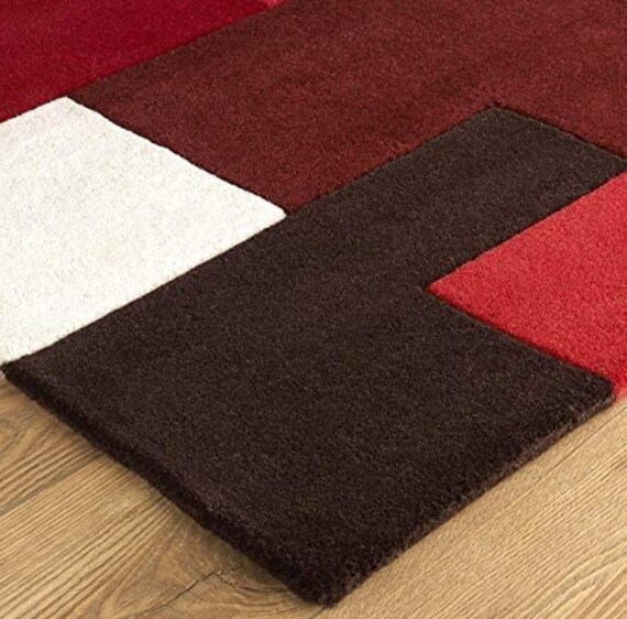 Hand Tufted Geometric Wool Area Rug Red Beige statement rug home decor gift